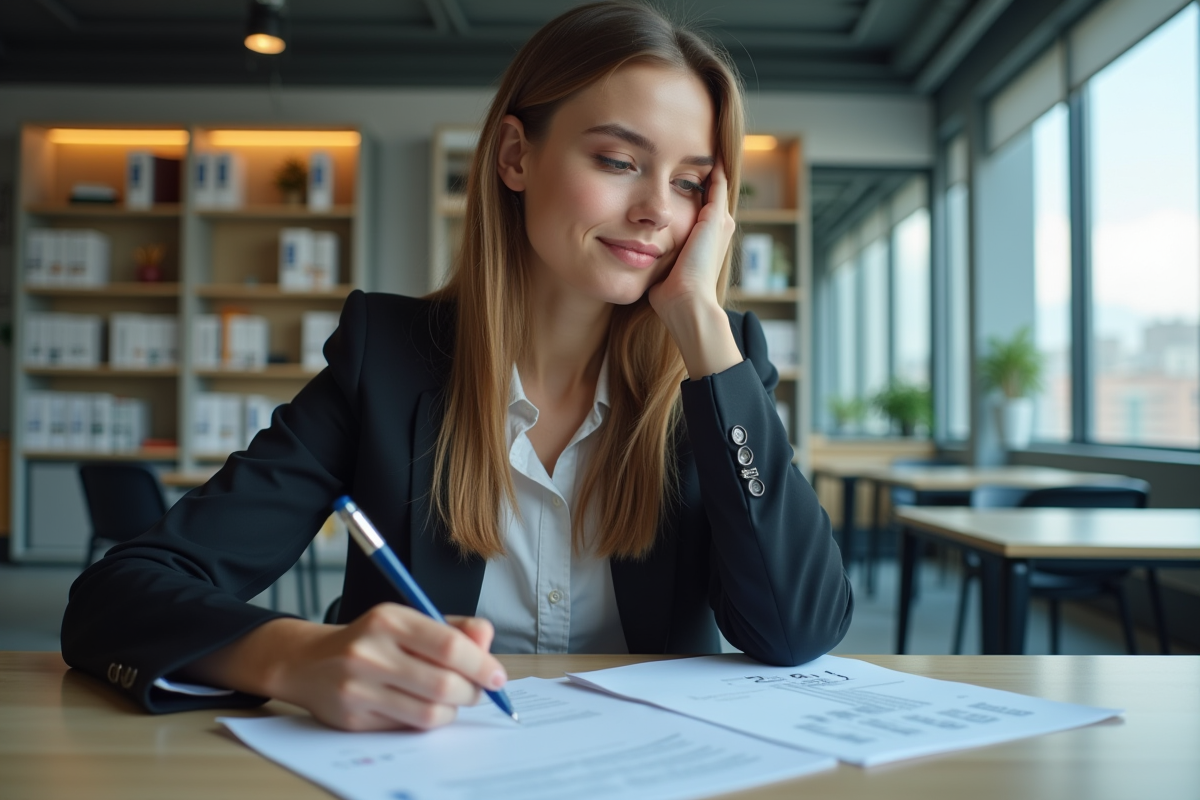 Jeune femme concentrée étudiant des documents financiers