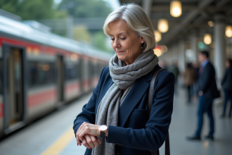 Femme en gare regardant sa montre pour l'article sur le voyage