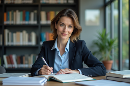 Femme en tenue smart casual dans une bibliothèque médicale