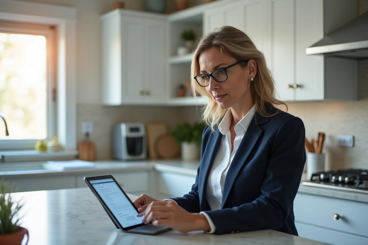 Femme adulte consultant et modifiant ses informations personnelles sur Cyclades via une tablette dans sa cuisine
