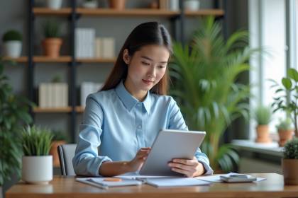 Jeune femme professionnelle organise ses tâches sur une tablette
