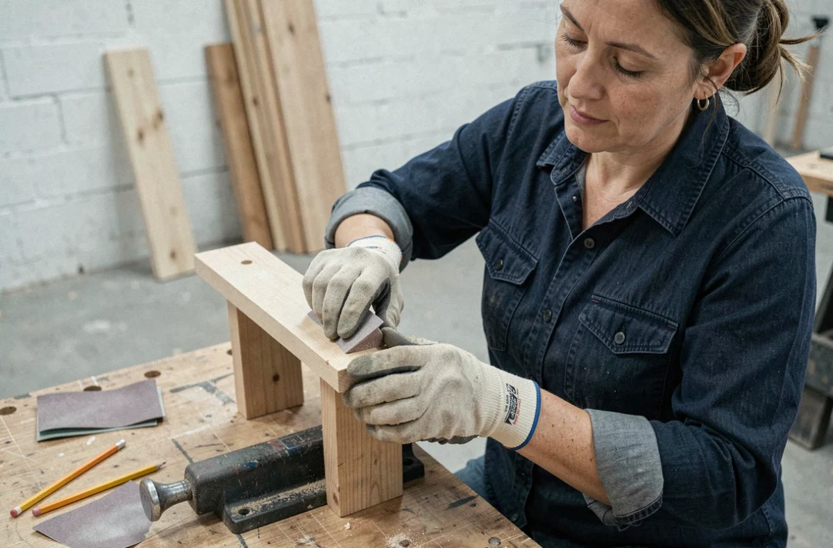 Femme ponçant une étagère en bois dans un atelier de bricolage, illustrant l'apprentissage progressif de la menuiserie