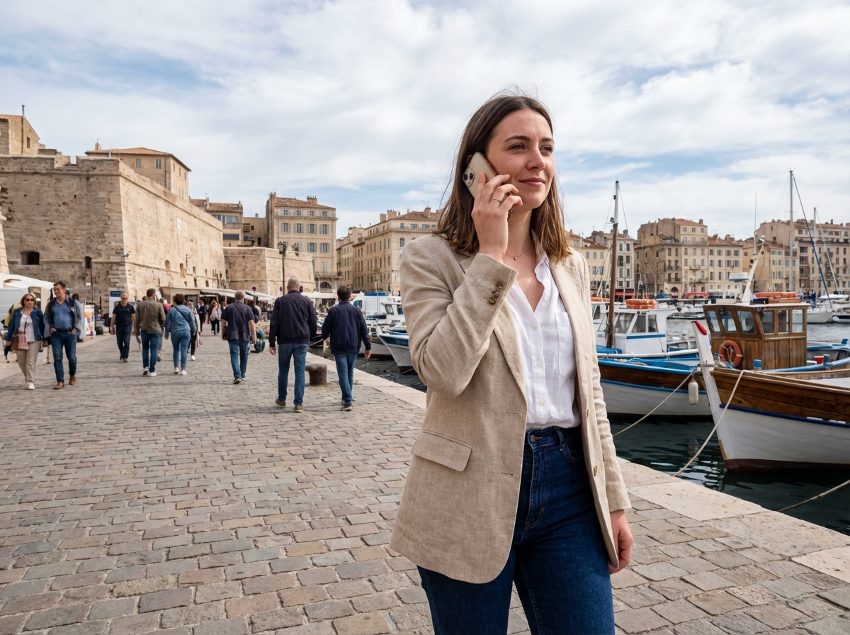 Jeune femme marchant au port de Mille en discutant au téléphone