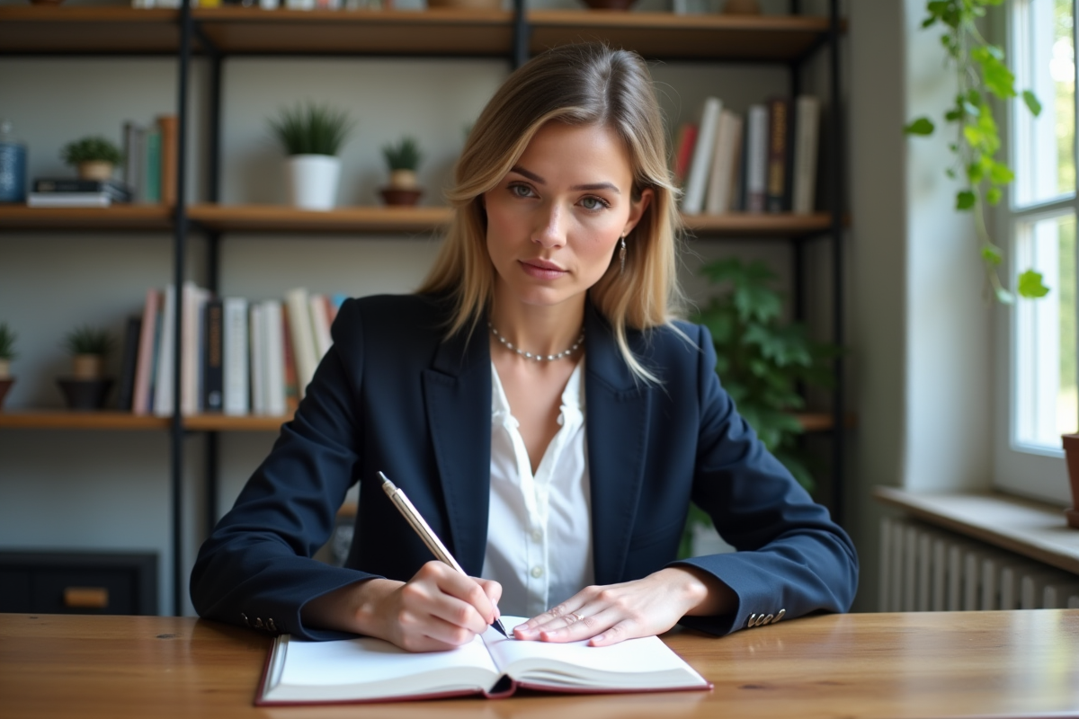 Femme française en blazer écrivant dans un carnet