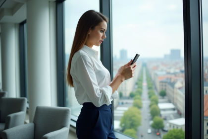 Jeune femme française au bureau regardant son smartphone