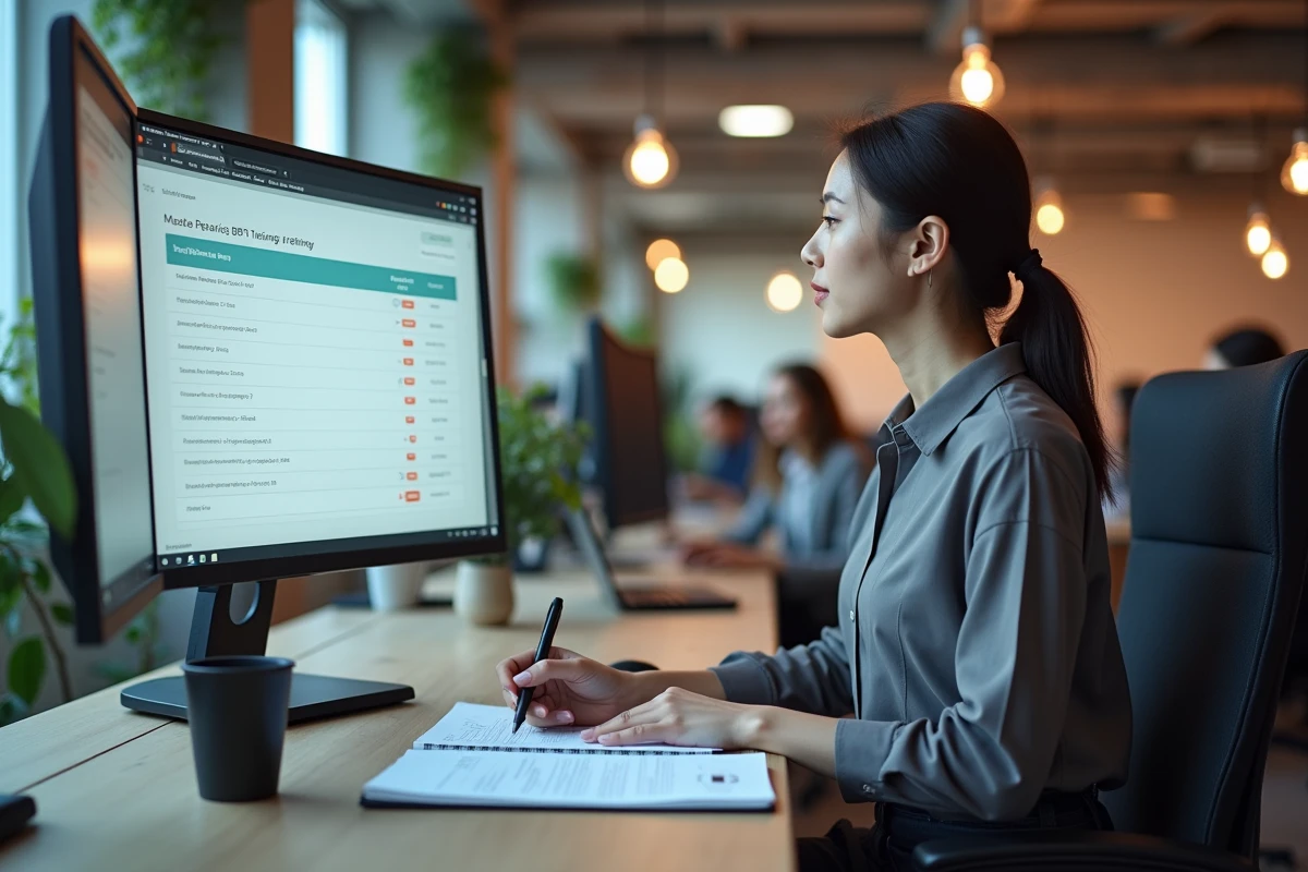 Femme consultant les tarifs d'une formation BTP en ligne dans un espace de coworking moderne