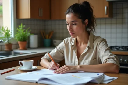 Femme révisant ses fiches de préparation aux 200 questions du test de naturalisation française à la table de sa cuisine