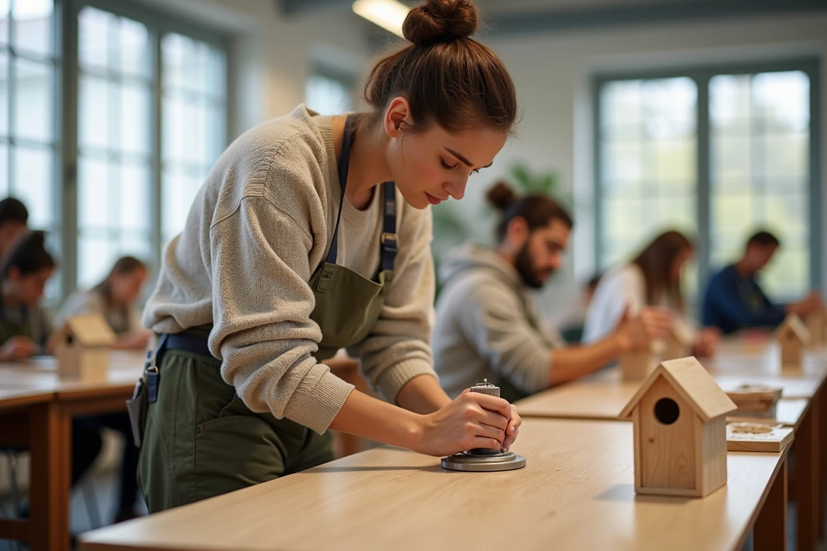 Jeune femme ponçant une petite maison en bois dans un atelier lumineux
