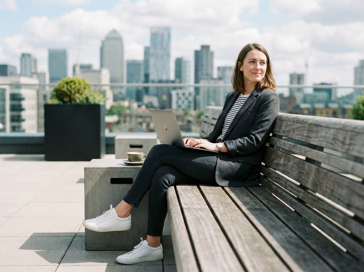 Femme en tenue décontractée assise sur une terrasse urbaine