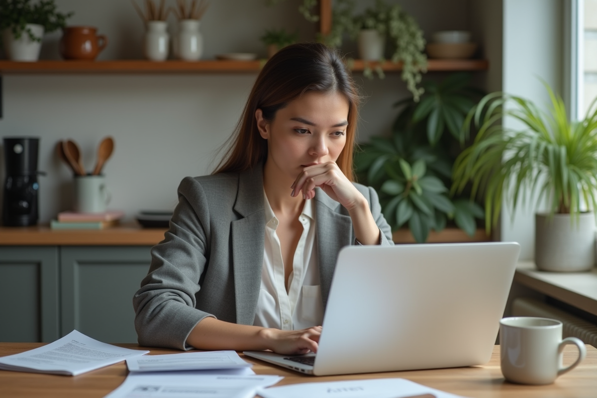 Femme concentrée travaillant à la maison avec documents et ordinateur