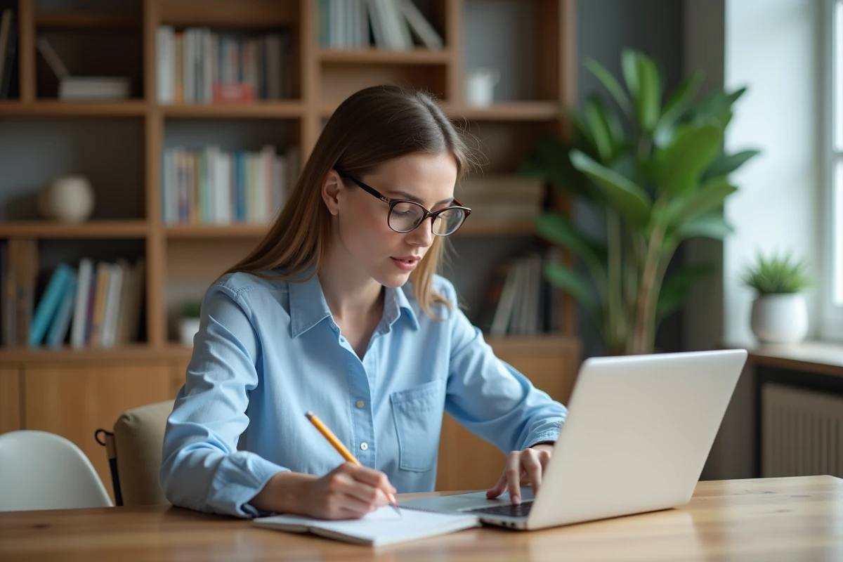 Femme concentrée travaillant à son ordinateur à la maison