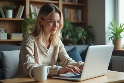 Jeune femme concentrée sur son ordinateur dans un salon lumineux