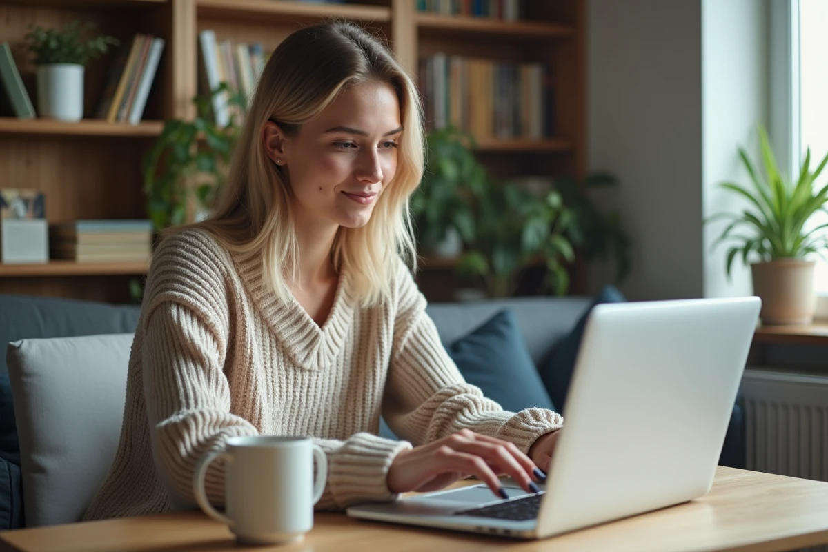 Jeune femme concentrée sur son ordinateur dans un salon lumineux