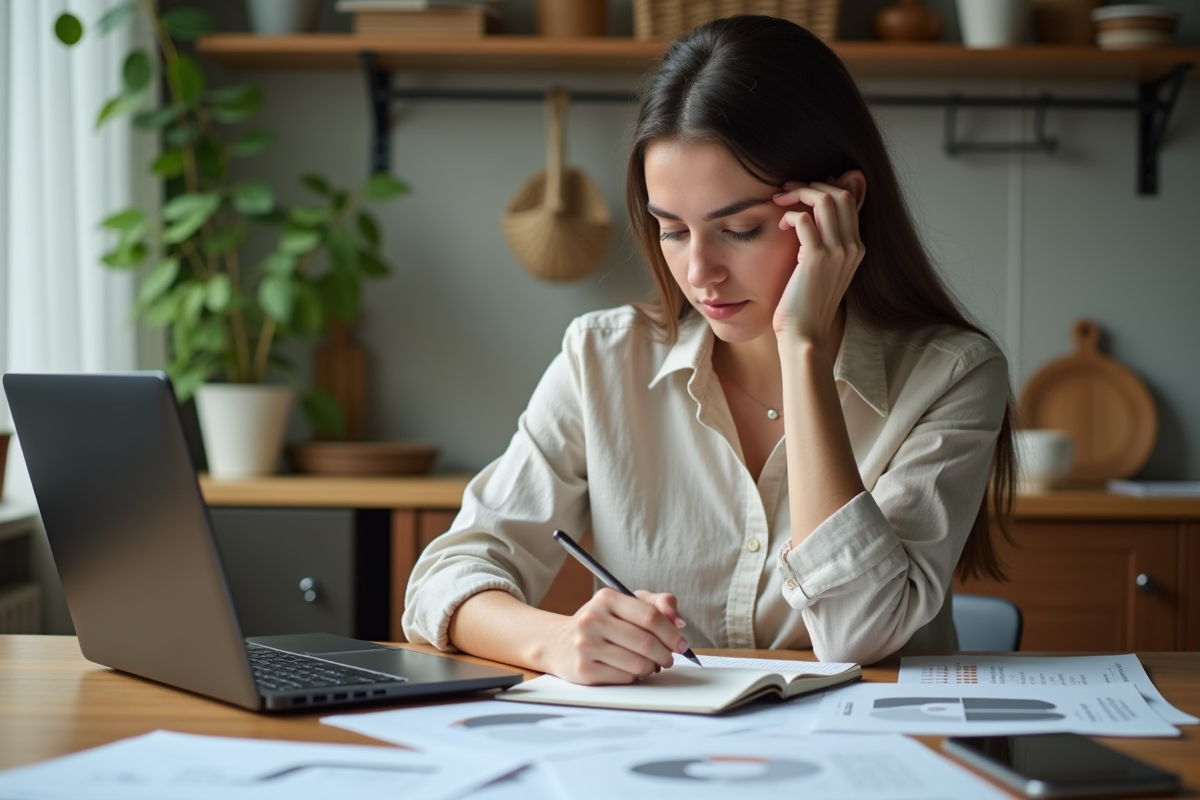 Jeune femme concentrée travaillant à la maison