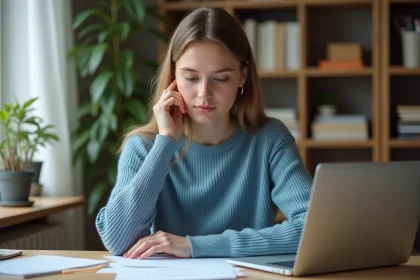 Jeune femme concentrée à son bureau à domicile