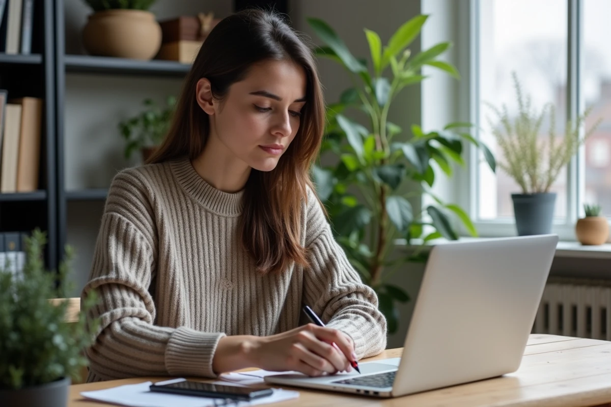 Jeune femme travaillant à domicile sur un module d