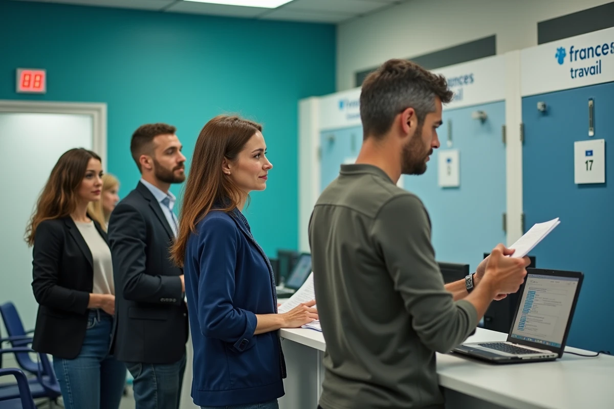 Groupe de demandeurs d'emploi faisant la queue à l'accueil d'une agence France Travail pour leur réinscription