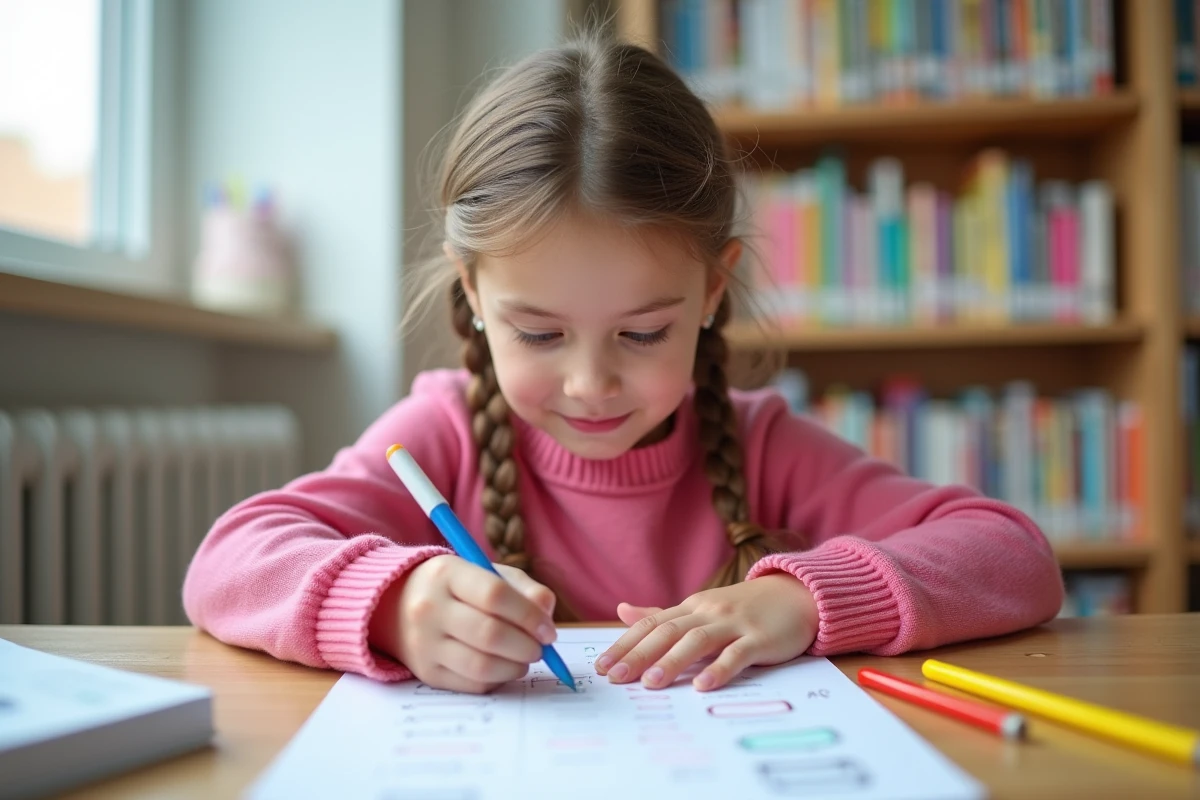 Fille de 8 ans personnalisant une fiche avec des marqueurs