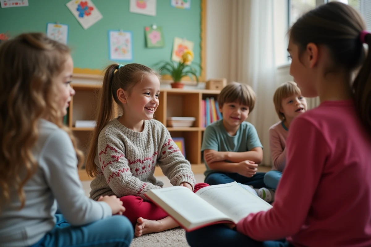 Fille de 9 ans en groupe lecture dans la classe