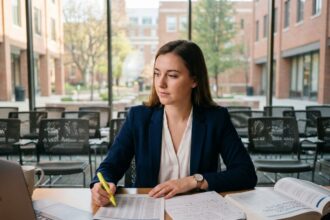 Jeune femme en formation d'assistant comptable en alternance révisant des tableaux financiers dans une salle de cours universitaire moderne