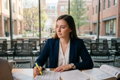 Jeune femme en formation d'assistant comptable en alternance révisant des tableaux financiers dans une salle de cours universitaire moderne