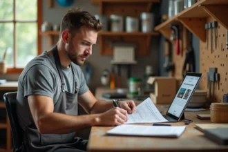 Homme consultant une formation en ligne sur la rénovation bricolage sur tablette dans un atelier maison organisé