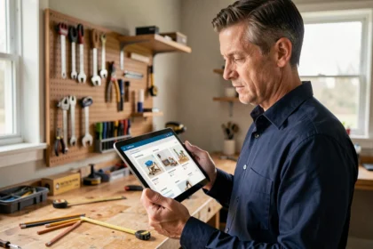 Homme consulant une formation bricolage certifiée sur tablette dans un atelier de menuiserie