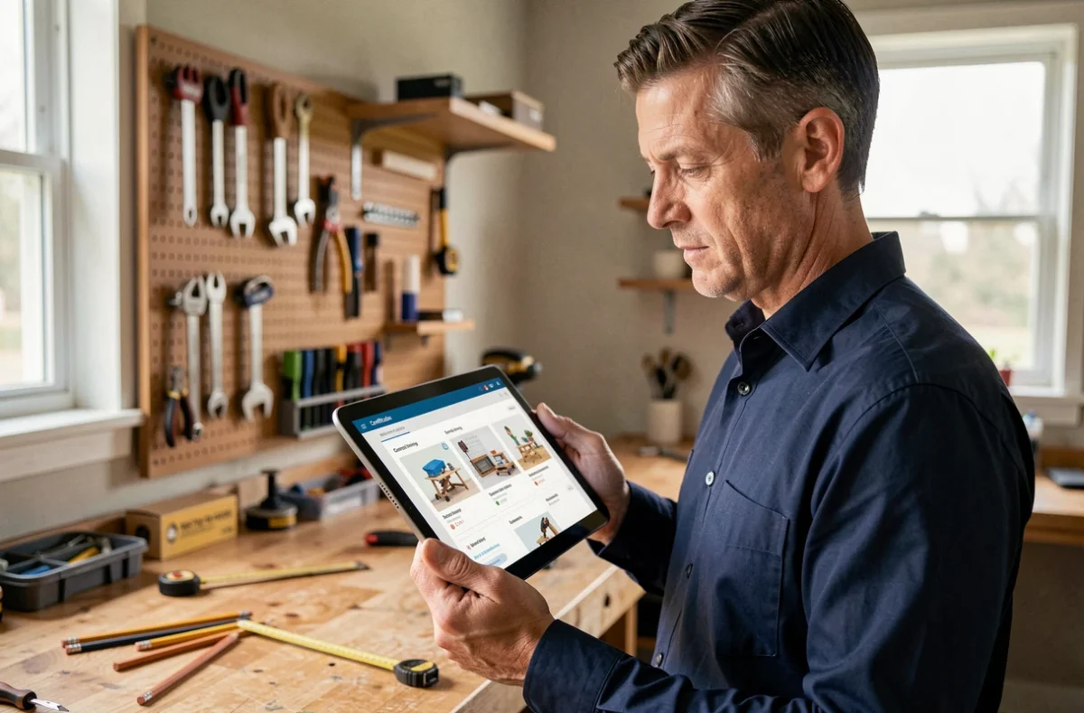 Homme consulant une formation bricolage certifiée sur tablette dans un atelier de menuiserie