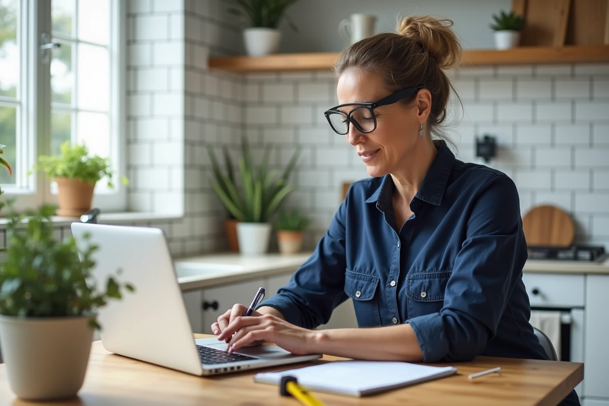 Femme consultant une plateforme de cours bricolage en ligne sur ordinateur portable à la table de cuisine avec notes et outils