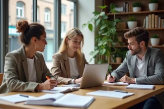 Groupe d'adultes en formation courte autour d'une table avec des cahiers et des ordinateurs portables dans un espace de coworking moderne