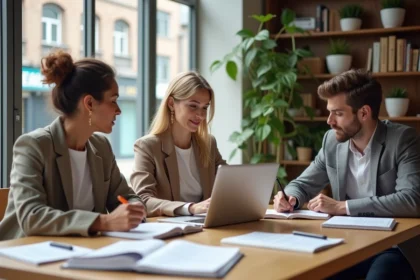 Groupe d'adultes en formation courte autour d'une table avec des cahiers et des ordinateurs portables dans un espace de coworking moderne