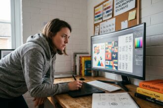 Jeune femme apprenant le design graphique sur tablette graphique dans un studio maison avec sketchbook et références visuelles