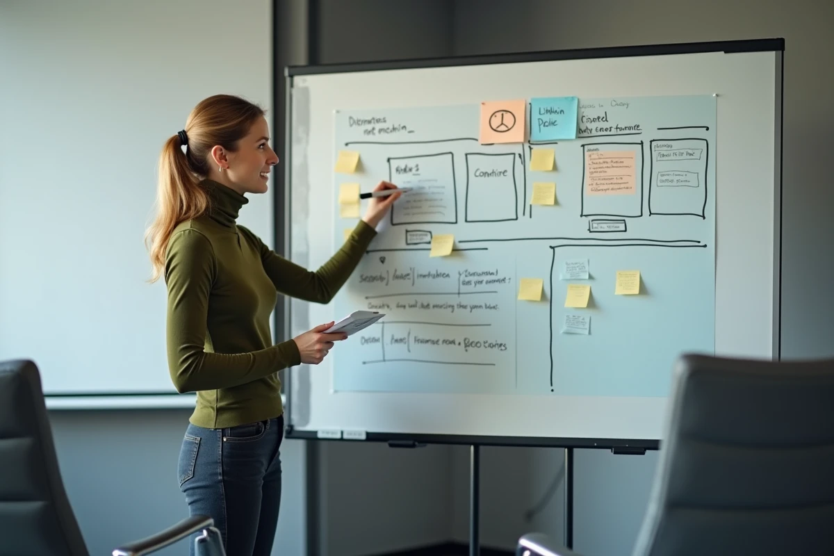 Formatrice LinkedIn debout devant un tableau blanc avec des critères de comparaison de coachs LinkedIn lors d'un atelier de formation professionnelle
