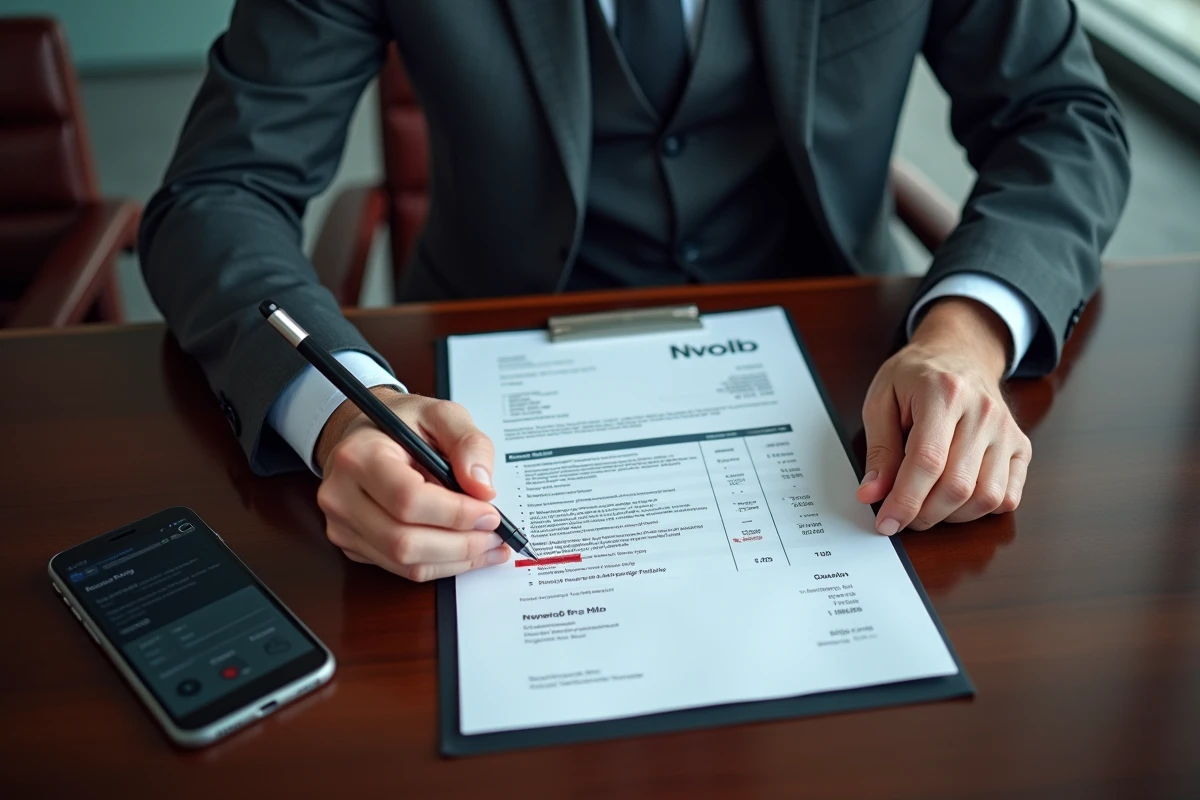 Mains d'un cadre soulignant des frais cachés dans un contrat de service IA sur une table de conférence