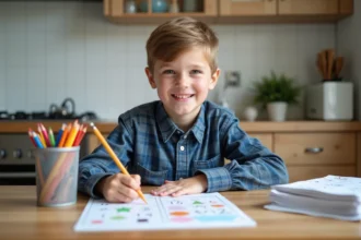 Garçon de 7 ans souriant en travaillant sur une fiche colorée