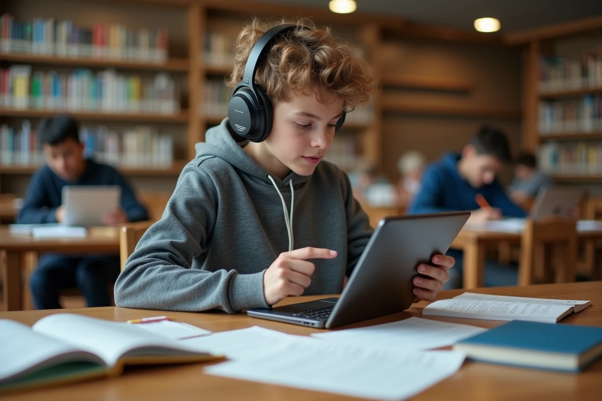 Garçon en pleine concentration avec tablette dans une bibliothèque