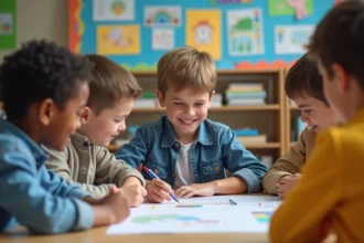 Garçon de 10 ans en classe participant à un projet scientifique
