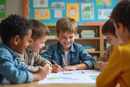 Garçon de 10 ans en classe participant à un projet scientifique