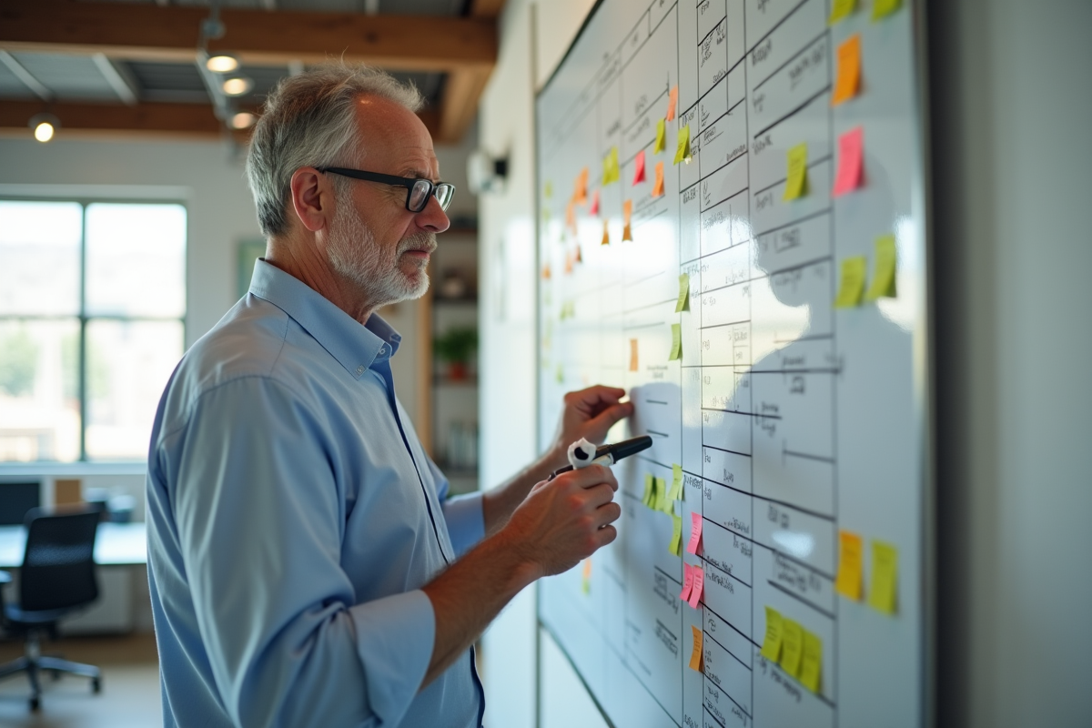 Manager de projet analysant un tableau blanc avec postit colorés