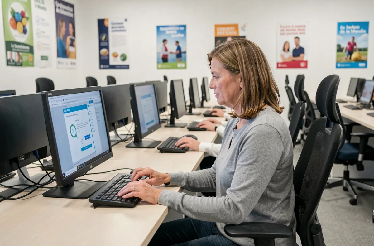 Stagiaire adulte en formation continue sur ordinateur au GRETA de la Manche