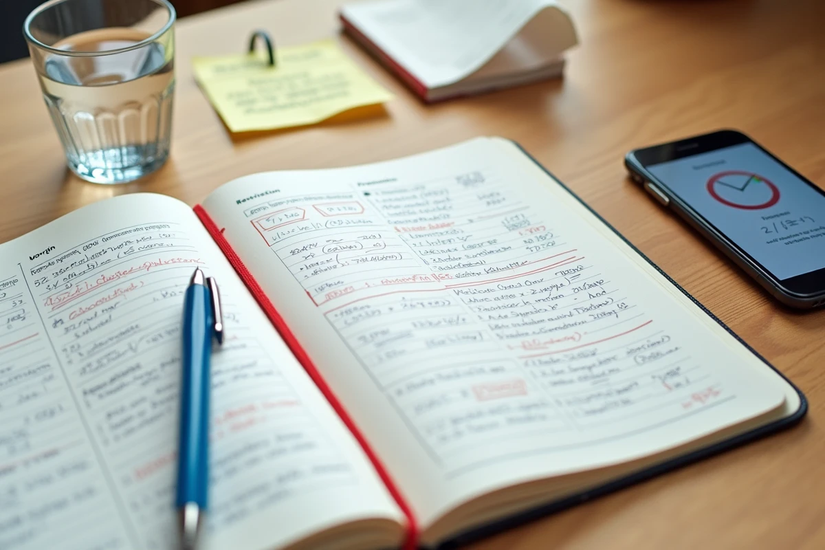Gros plan sur un bureau d'étudiant avec un cahier de préparation au bac S montrant les coefficients des matières annotés à la main