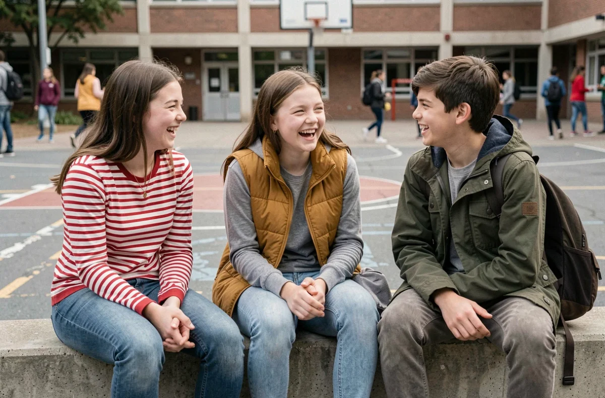 Groupe d'adolescents scolarisés en ULIS ou SEGPA discutant ensemble dans la cour de récréation