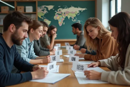 Groupe d'étudiants autour de cartes d'articles français