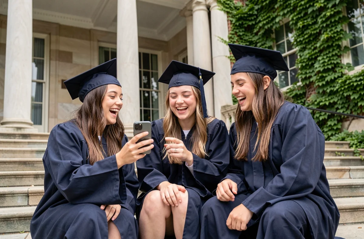 Groupe de jeunes bacheliers en tenue de remise de diplôme riant ensemble d'un message humoristique sur les marches d'une université