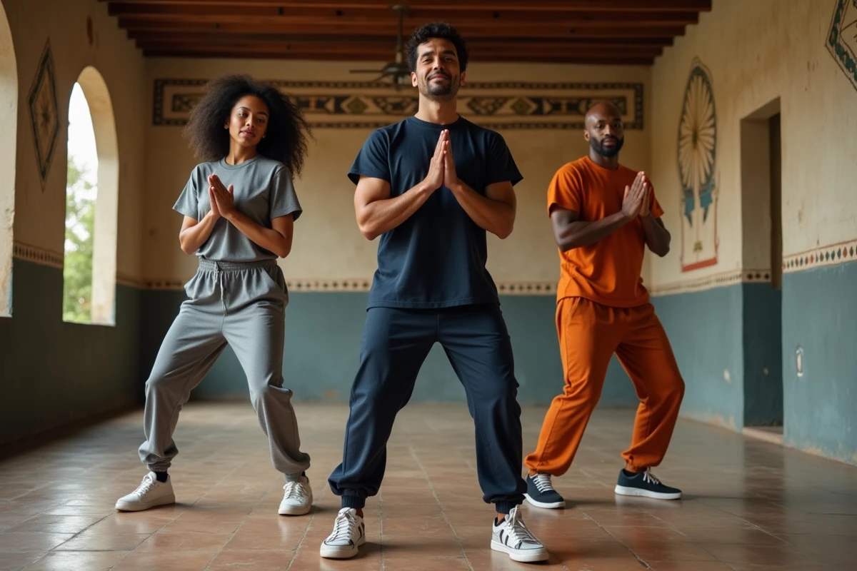 Groupe de trois danseurs adultes pratiquant le rythme du Kuduro en centre culturel communautaire, parquet et décor africain