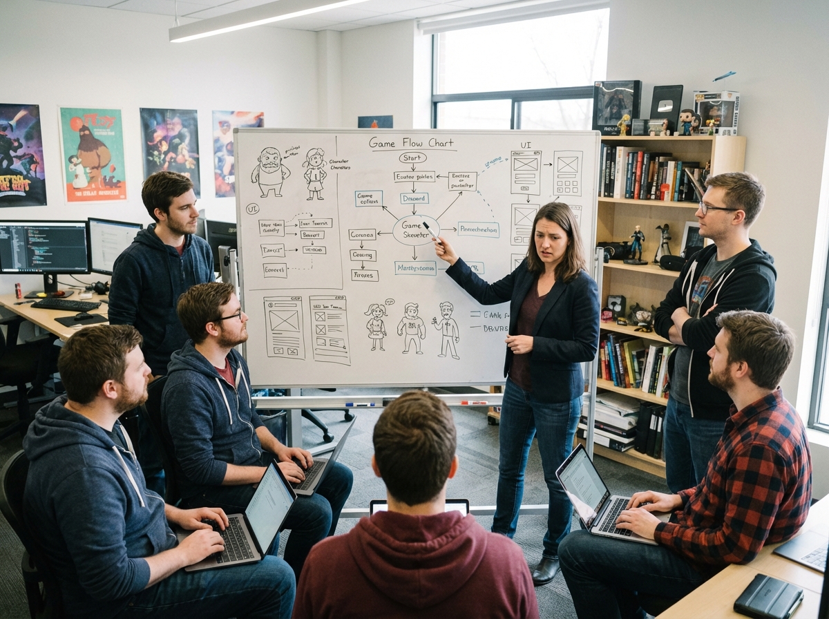 Groupe de développeurs discutant autour d un tableau blanc en studio