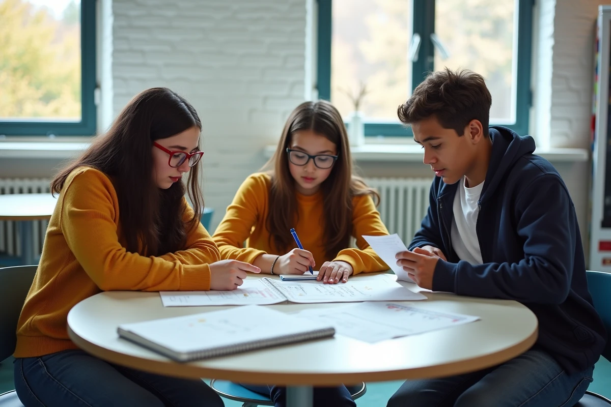 Groupe d'élèves collaborant pour préparer un discours de délégué de classe autour d'une table en salle commune