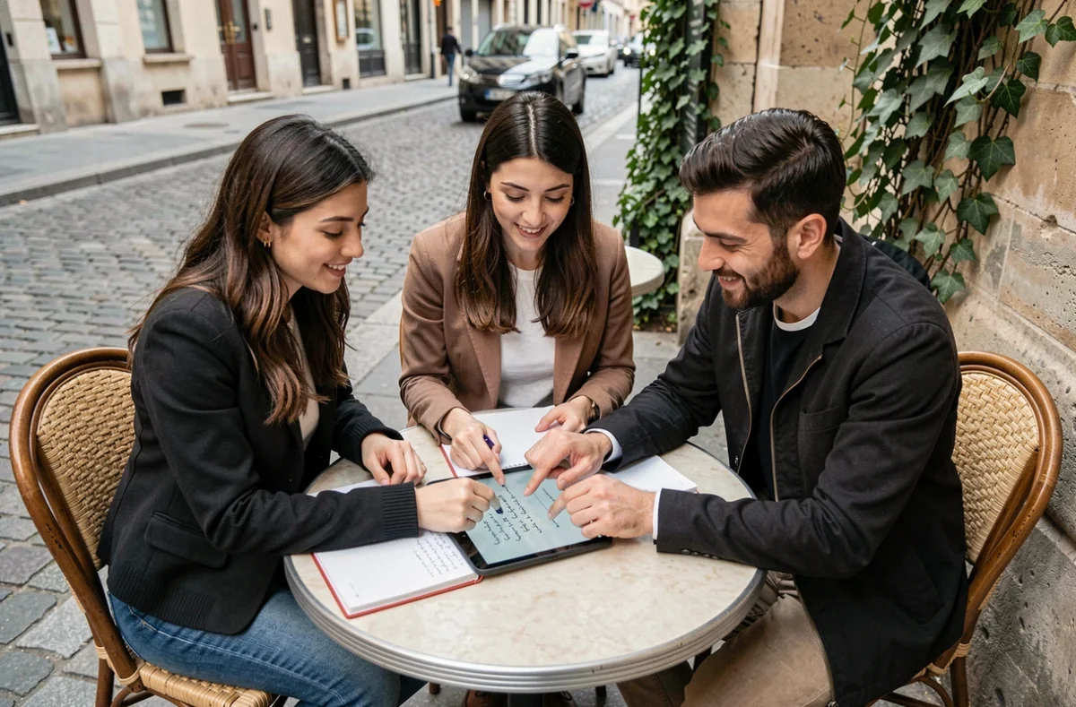 Groupe d'adultes motivés étudiant l'arabe ensemble en terrasse de café à Paris