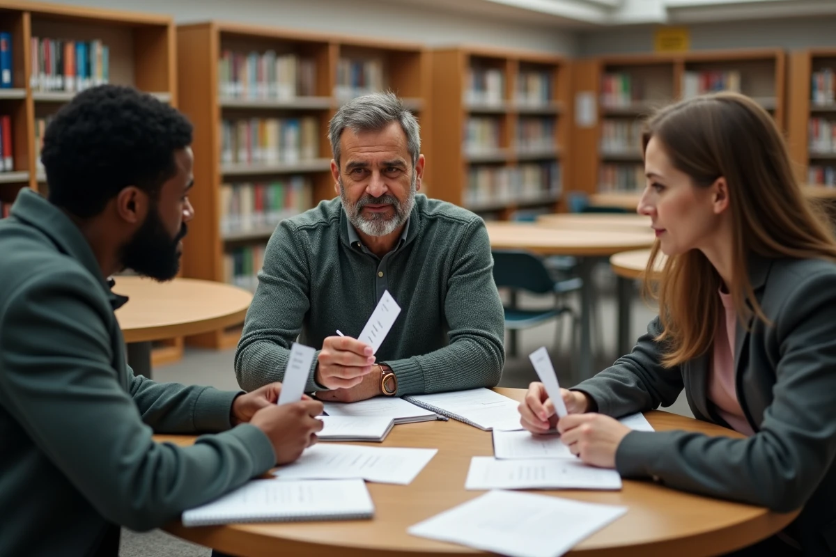 Groupe de personnes préparant ensemble les 200 questions de naturalisation française autour d'une table dans une bibliothèque publique