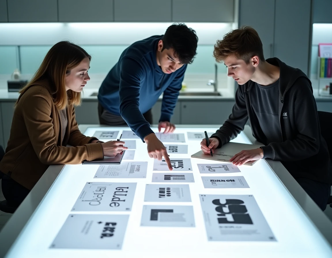 Groupe d'étudiants en design examinant ensemble un kit de conception graphique sur une table lumineuse dans un laboratoire universitaire